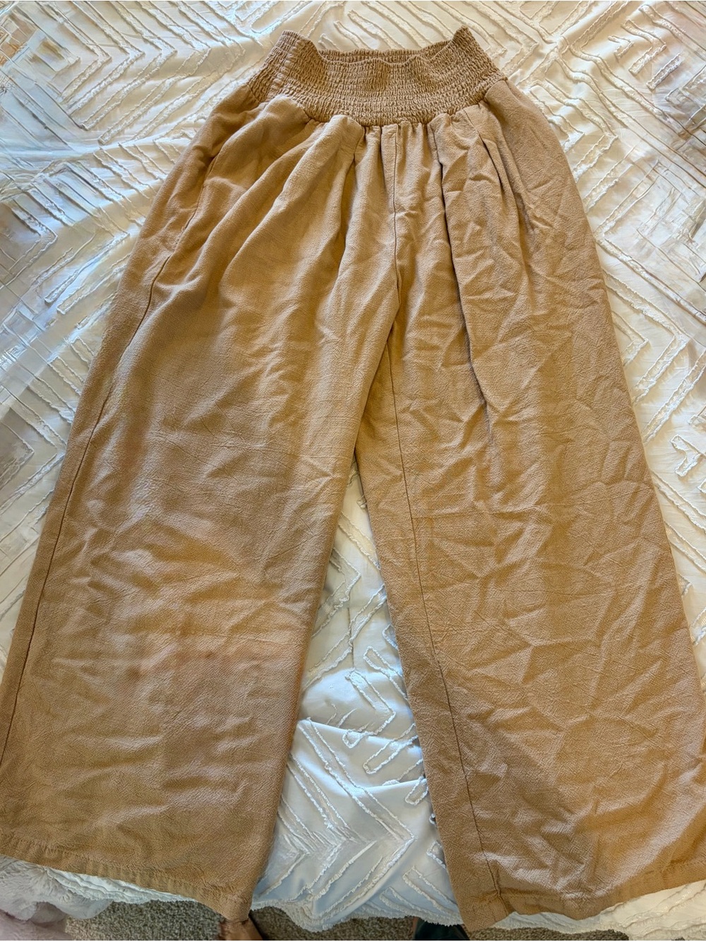 Tan Smocked Waist Women’s Wide Leg Flowy Pants